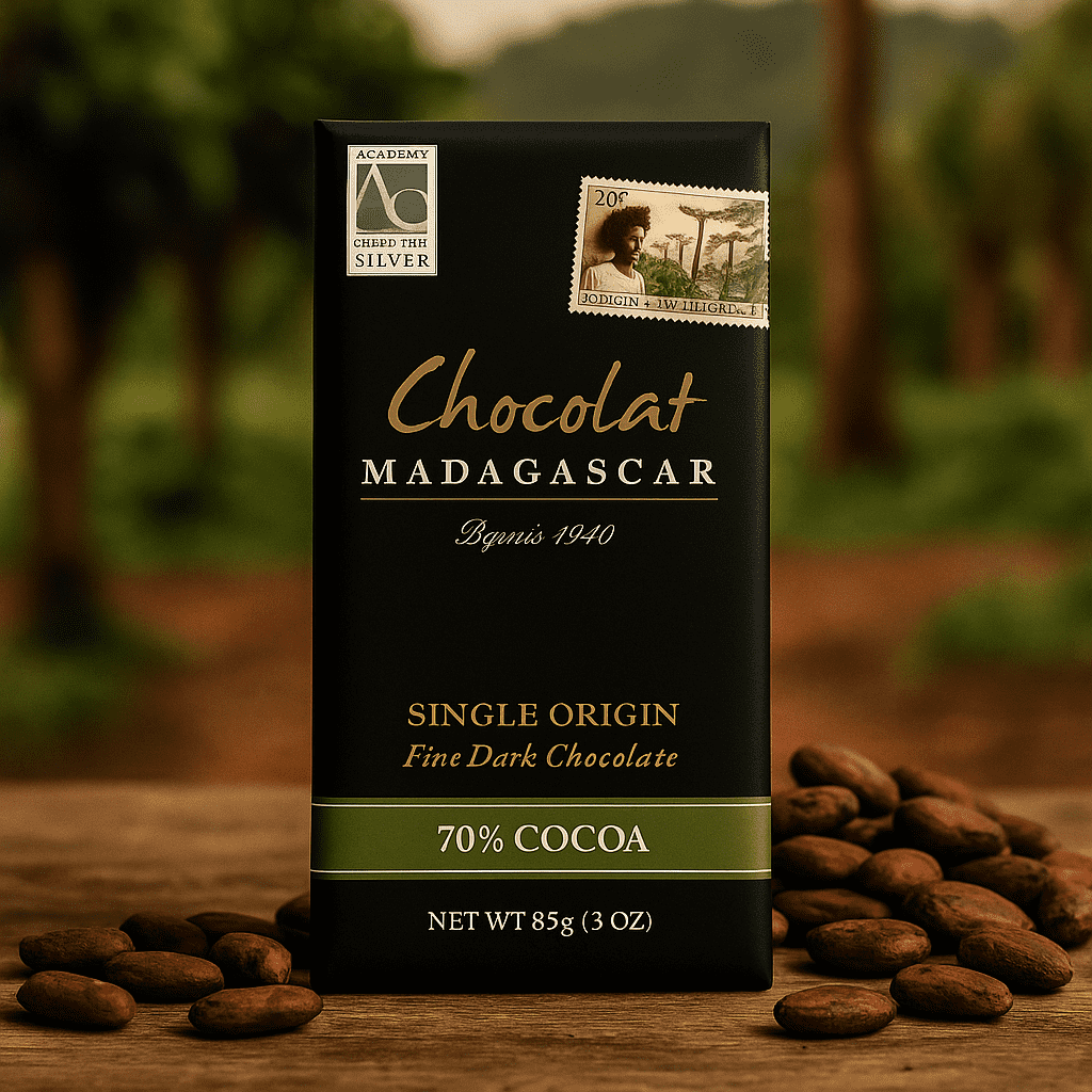An 85 g bar of Chocolat Madagascar 70% cocoa dark chocolate standing upright on a light surface, surrounded by scattered cocoa beans and chopped chocolate, with a soft, neutral background.